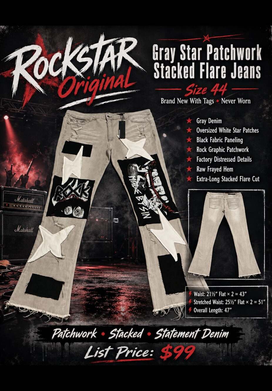 Rockstar Original Gray Star Patchwork Stacked Flare Jeans